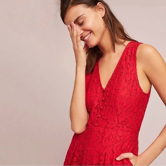 Anthropologie Moulinette Soeurs Jaeda Wide Leg Lace Jumpsuit Red 2 - Picture 4 of 16